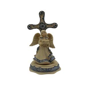 SARAH'S ANGELS 2004 Angel Figurine with Cross by Cheri Lane Beige & Blue 6" Tall